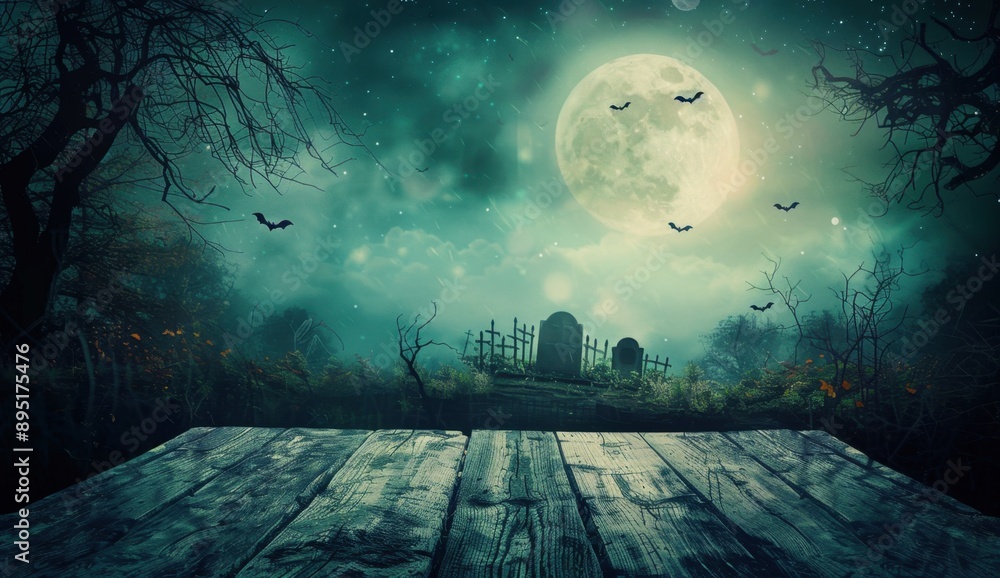 Poster wooden table top with a spooky graveyard background with full moon and bats in the sky, halloween ba