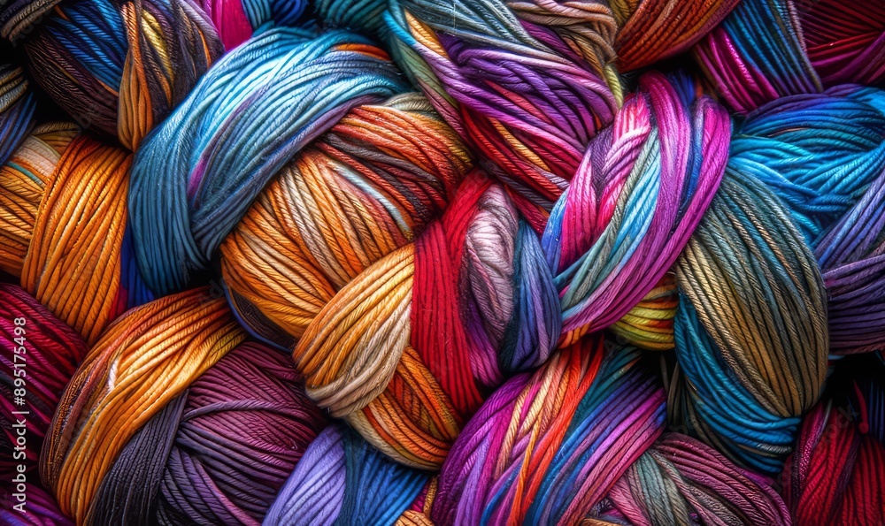 Poster colorful tapestry of intersecting yarn lines, creating a complex, vibrant mosaic effect