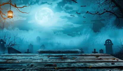 Fototapeta premium A wooden table with an empty background, behind it is a moonlit night sky with foggy clouds and bats flying in front of cemeteries Generative AI