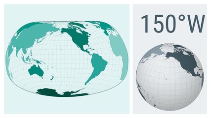 World Map Animation. Jacques Bertin 1953 projection. Colored continents style. Animated world map in Bertin 1953 projection. Loopable animation showing longitude shift and matching globe.