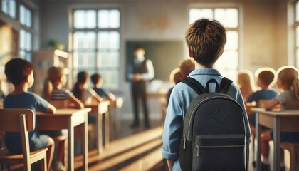 A young boy with a backpack stands in a classroom, facing the teacher and other students.

