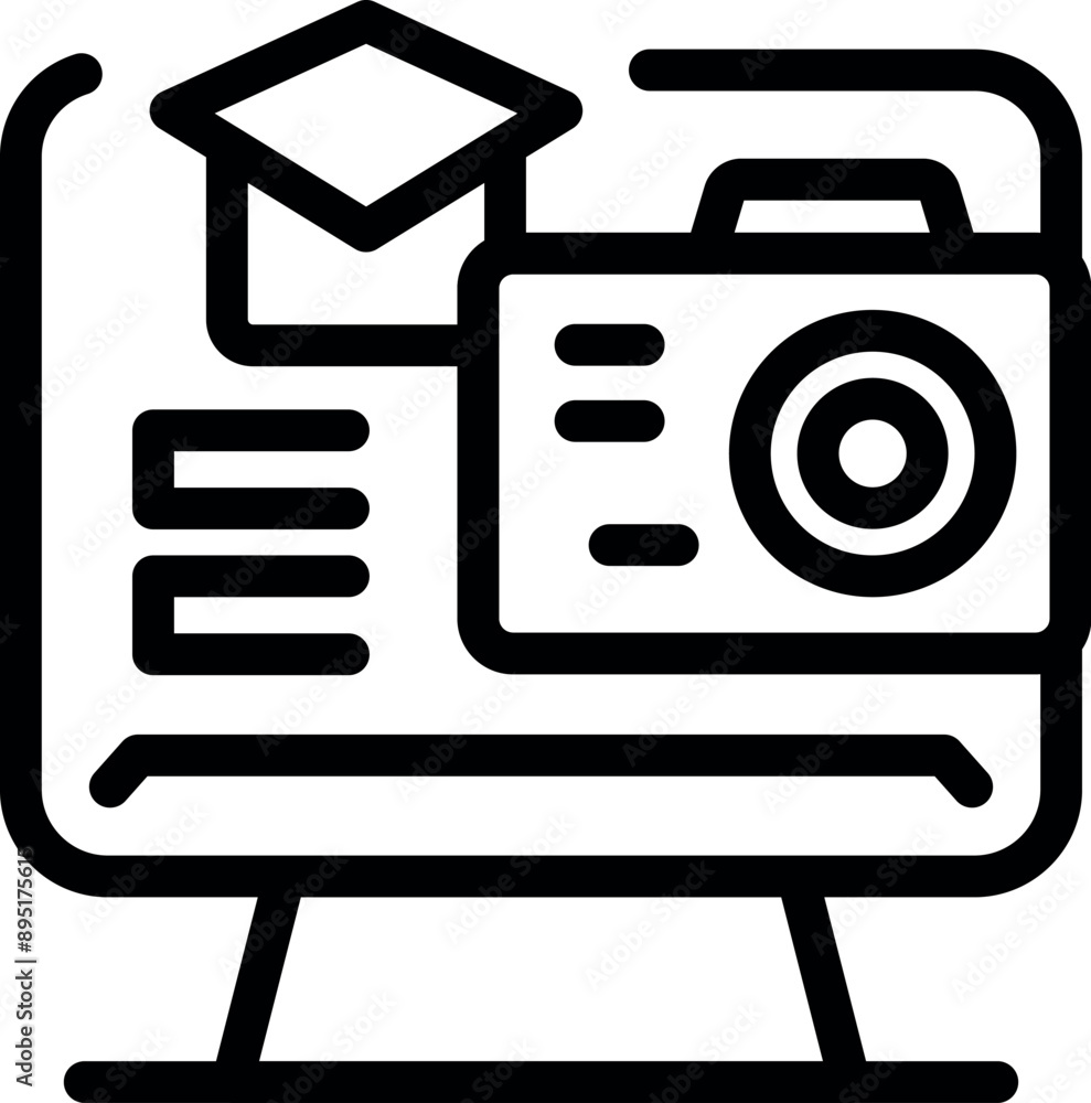 Poster online photography course is represented by a camera and graduation hat displayed on a computer moni