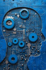 Fototapeta premium Blue Circuit Board with Gears Forming a Human Head Silhouette, Depicting AI and Technology