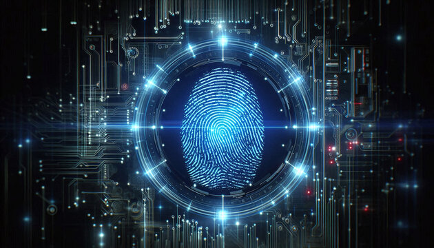 Image of digital finger print scan in blue glowing lights for forensic data and personal identification on black background while useful in biometrics