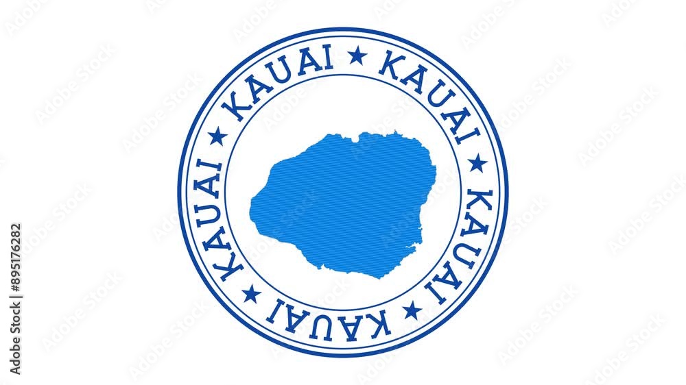 Poster kauai intro. badge with the circular name and map of island. kauai round logo animation.