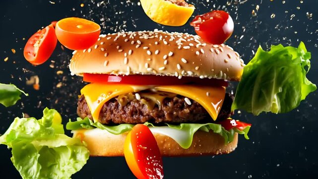 exploding burger on a plate