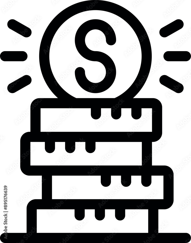 Poster line art style icon of a dollar coin shining on top of an increasing stack of coins, representing a 