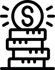 Line art style icon of a dollar coin shining on top of an increasing stack of coins, representing a successful investment