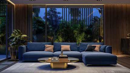 Fototapeta premium blue sofa with black lamp and pink bronze coffee table near dark wooden wall on floor 