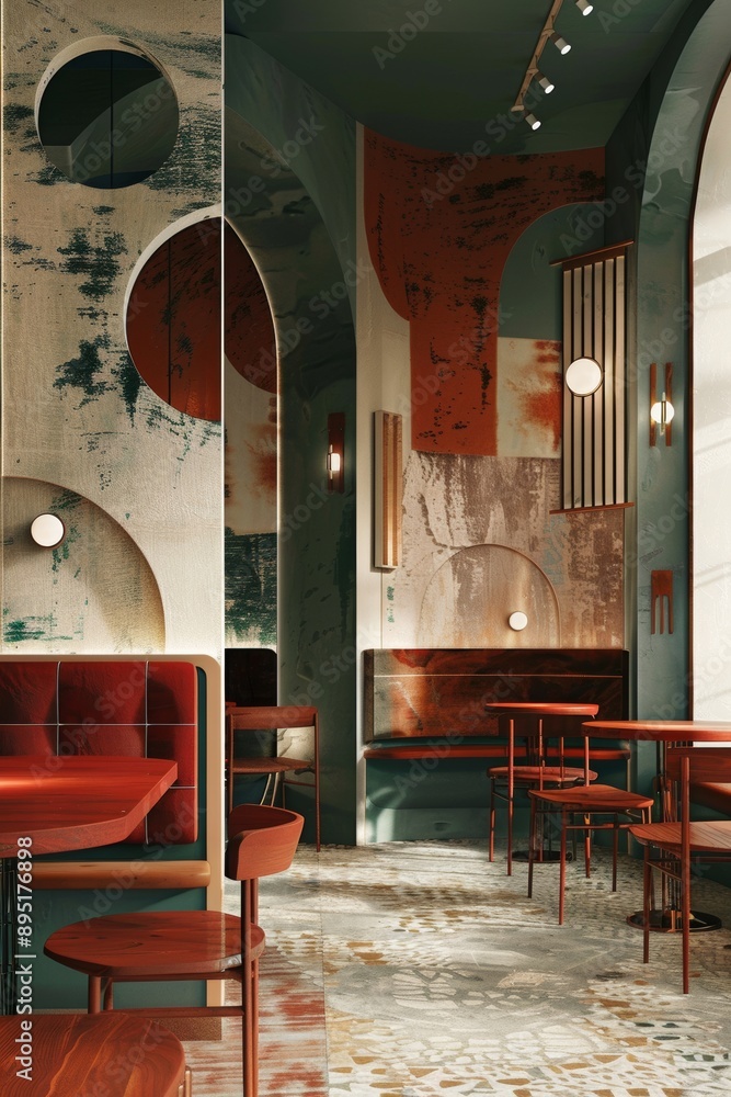 Canvas Prints Interior of modern cafe with brick walls, tiled floor, round wooden tables and red chairs.