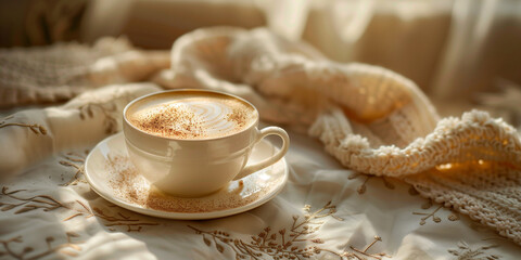 A cup of hot latte coffee in a decorative interior in boho style creative poster background. Horizontal banner with a cup of coffee and free space for text. Raster digital illustration. AI artwork.