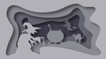 Paper Cut Halloween Background. Halloween Paper Cut Landscape with Vampire and Coffin