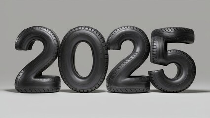 Creative concept of the year 2025 made entirely from black tires, set against a neutral gray background, symbolizing the automotive industry's future and innovation

