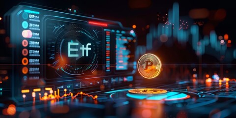 Fototapeta premium Hightech interface shows cryptocurrency trading metrics with ETF and Bitcoin for analysis and monitoring