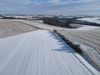 View from above of a landscape with snow in winter