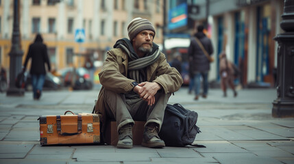 A pensive man sitting on a street with luggage.