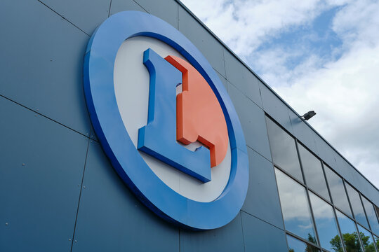 E.Leclerc logo on a hypermarket in Saint-C&eacute;r&eacute; Lot France. A French supermarket chain founded by &Eacute;douard Leclerc, with branches in France and several other countries