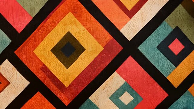 This pattern boasts a bold and contemporary look with overlapping diamond shapes that mimic the intricate layers of a turtle shell and a vibrant color palette that adds energy and depth.