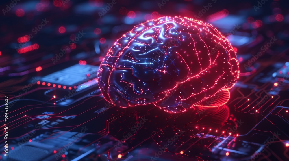 Poster a glowing brain representing artificial intelligence integrated with a digital network and circuitry
