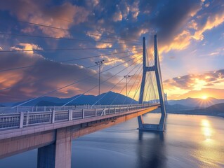 Obraz premium A famous bridge captured at sunrise, showcasing its architectural beauty and the vibrant colors of the sky.