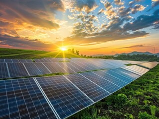 A field of solar panels at sunset, highlighting renewable energy and sustainability.