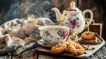 Fototapeta premium Vintage Floral Teapot Steamy Cup Tea Homemade Cookies Nostalgic Decor ,copyspace