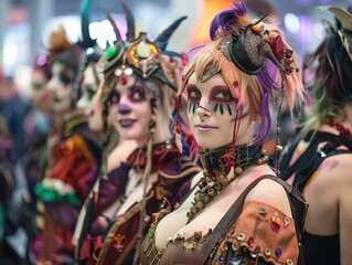 Obraz premium A group of cosplayers at a comic convention dressed in colorful and elaborate costumes, embodying various characters with detailed makeup and accessories.