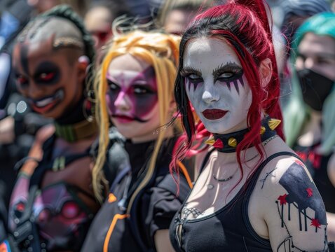 A group of cosplayers at a comic convention dressed in colorful and elaborate costumes, embodying various characters with detailed makeup and accessories.