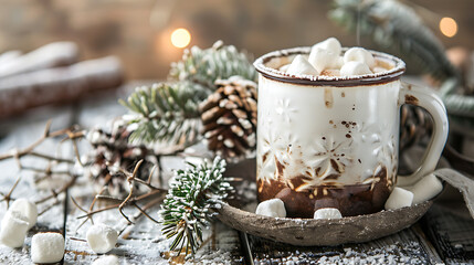 Rustic Ceramic Mug Hot Chocolate Marshmallows Cozy Winter Decor ,copyspace