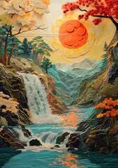 The sun shines over the mountains and waterfalls.