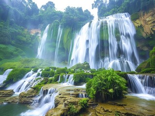 Naklejka premium A majestic waterfall cascading over rocks, surrounded by lush greenery and forested cliffs.