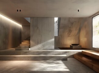 Minimalist Concrete Interior Design with Wooden Stairs