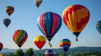 Obraz premium Colorful Hot Air Balloons Flying Over Green Hills