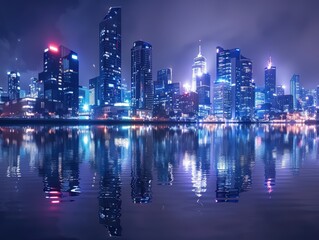 Fototapeta premium A panoramic view of a city skyline at night, illuminated with colorful neon lights reflecting on a calm body of water.