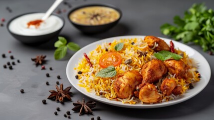 Fototapeta premium Delicious chicken biryani served with yogurt and lentil soup, garnished with herbs and spices on a grey background.