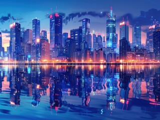 A panoramic view of a city skyline at night, illuminated with colorful neon lights reflecting on a calm body of water.