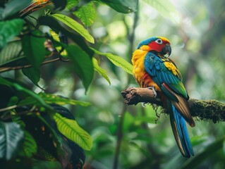 Obraz premium A rare bird perched on a tree branch in a dense forest, showcasing vibrant plumage and natural beauty.