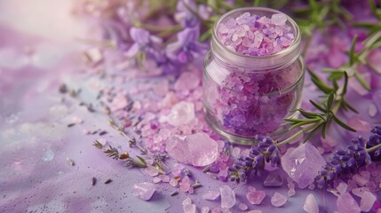 A glass jar with lavender crystals and flowers emits a serene aura, ideal for its aesthetic and aromatic qualities