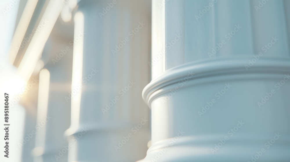 Poster close-up of elegant white columns illuminated by soft sunlight, showcasing classical architecture an