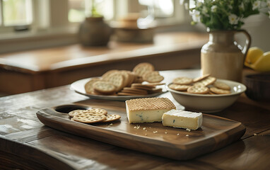 Vintage Wooden Tray Artisan Cheese Crackers Retro Kitchen Setting ,empty space