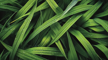 Fototapeta premium A close-up view of green grass blades, showcasing their fresh, vibrant hues and the dewy texture