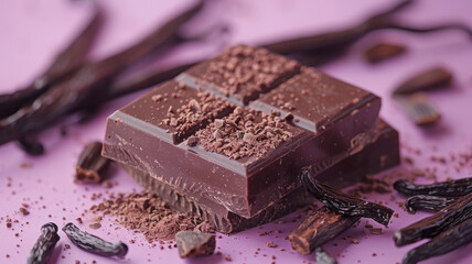 Chocolate bar with cocoa beans and vanilla pods on pink background.