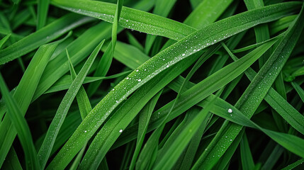 Fototapeta premium A close-up view of green grass blades, showcasing their fresh, vibrant hues and the dewy texture