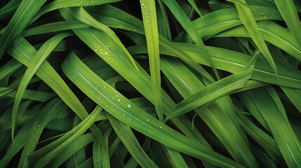 A close-up view of green grass blades, showcasing their fresh, vibrant hues and the dewy texture