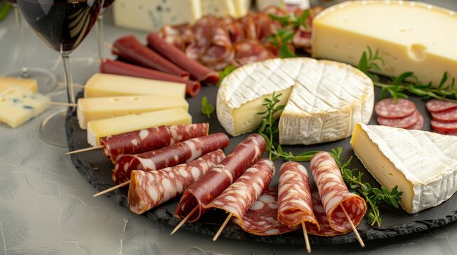 An exquisite cheese and charcuterie board featuring a variety of meats, cheeses, and garnishes, perfect for gatherings.