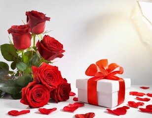 Art valentines red roses and gift box. Art valentines greeting card with red roses and gift