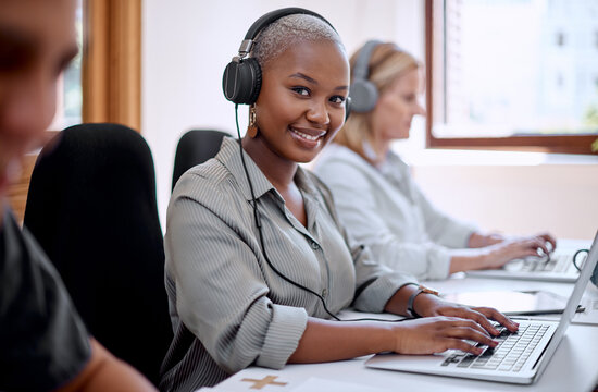 Portrait, woman and headphones with happy agent or financial advisor in insurance company. Female person, smile and laptop in office, building and firm in coworking space, business or call center