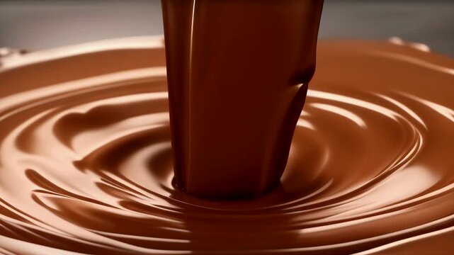 Melted chocolate pouring into a bowl, creating swirls and patterns