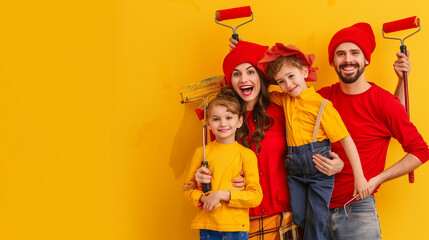 Happy family in matching clothes painting wall yellow with rollers.