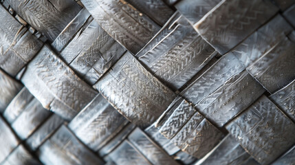 Close-up of intricate woven basket texture in grayscale.